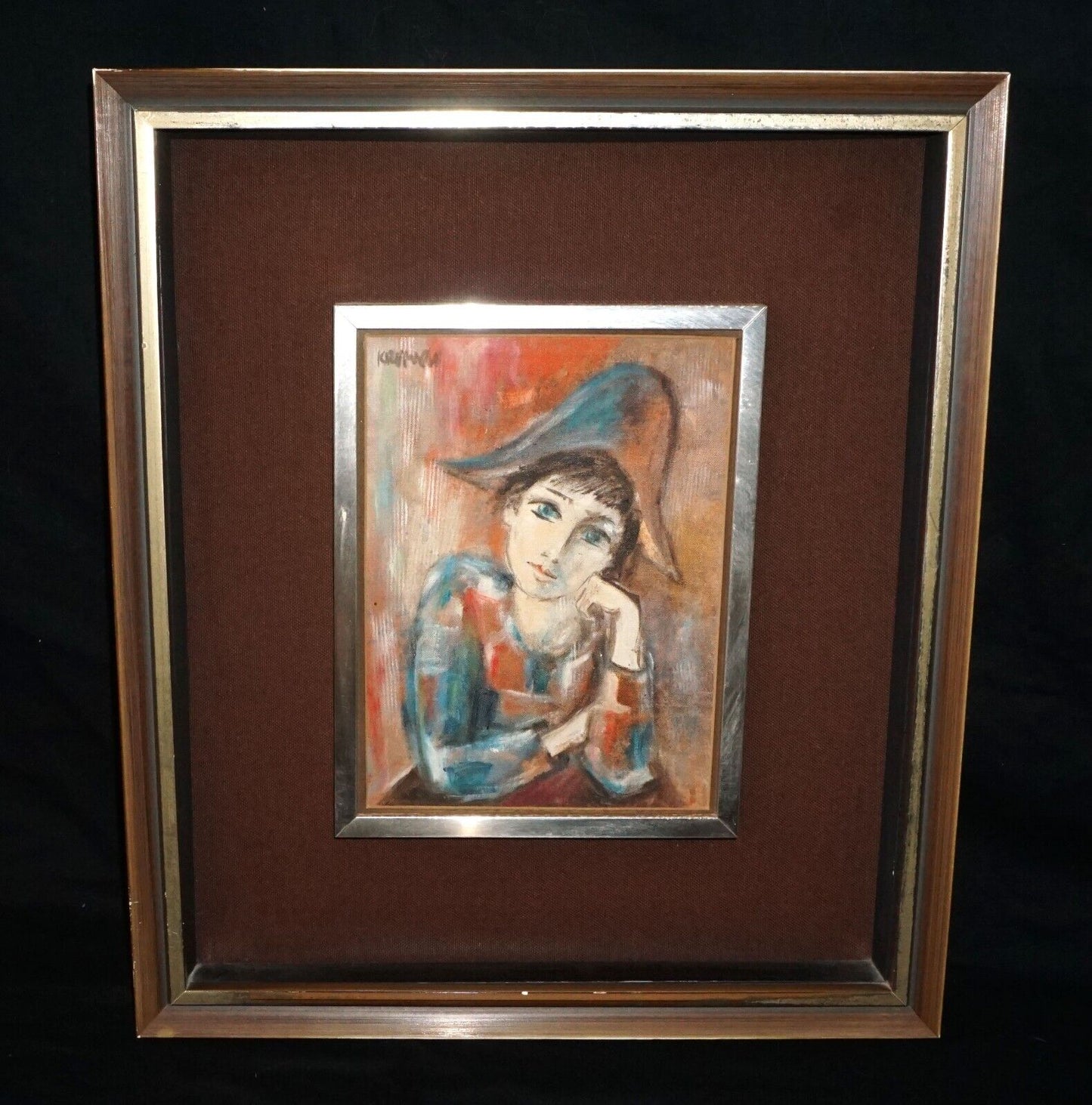 Vintage German Oil Painting of a Harlequin by Evelin Krumnau (HiC)