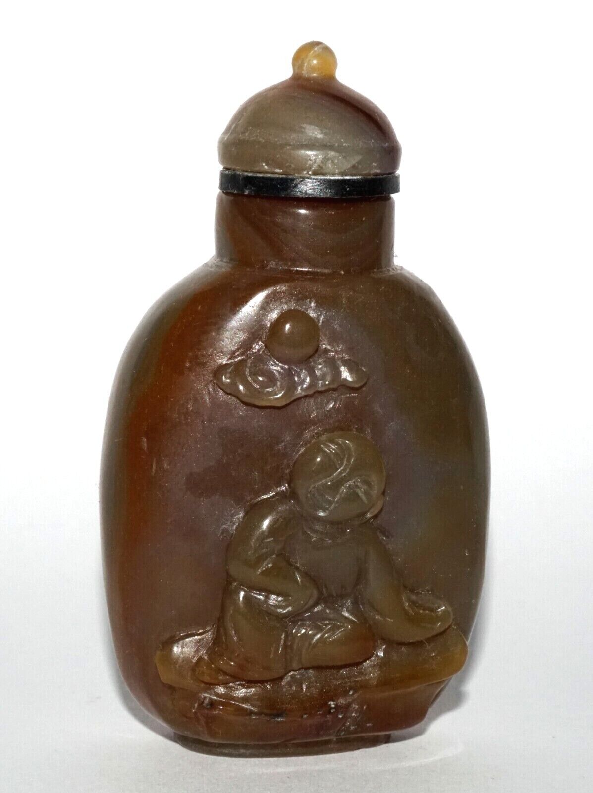 Vintage Chinese Agate Carved Snuff Bottle w Boy in Garden Relief Motif (LeS) G12