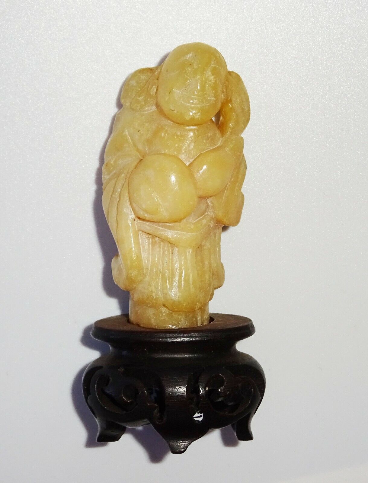 19/20C Chinese Yellow Jade Carving Deity & Gourd on Fitted Stand (FeO)#39