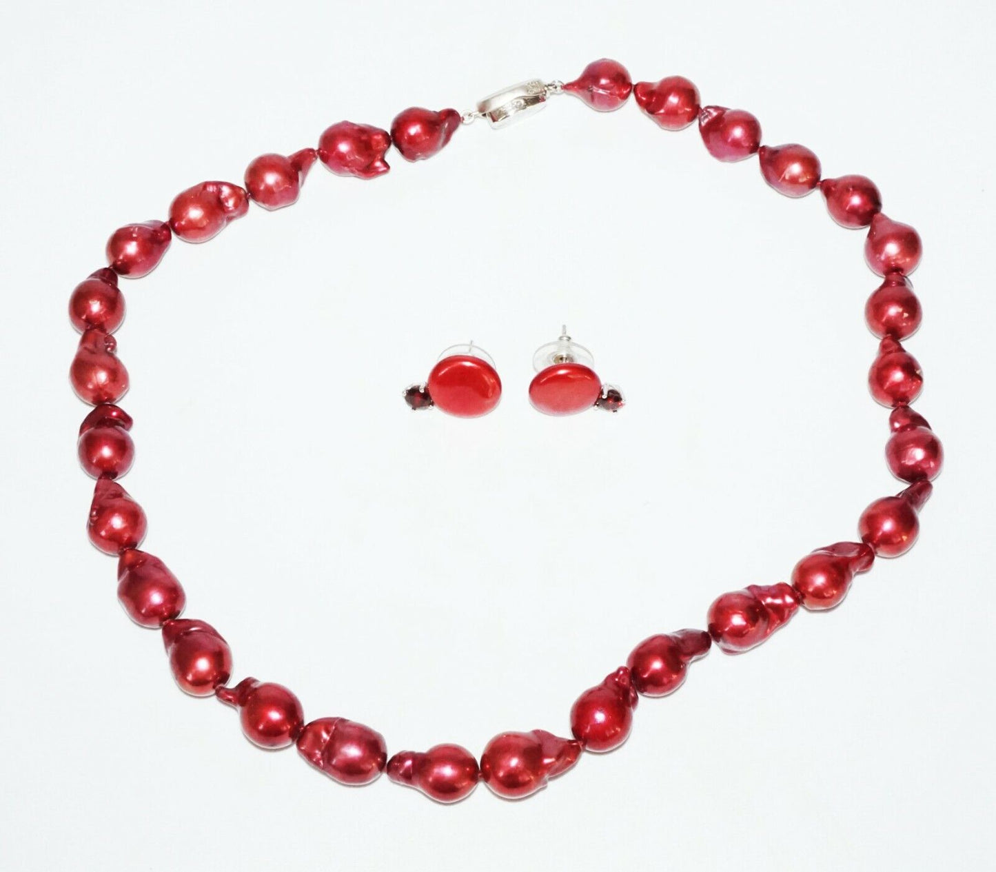 3Pc Chinese Sterling Silver Red Baroque Pearl Necklace & Earrings (SaR)#443