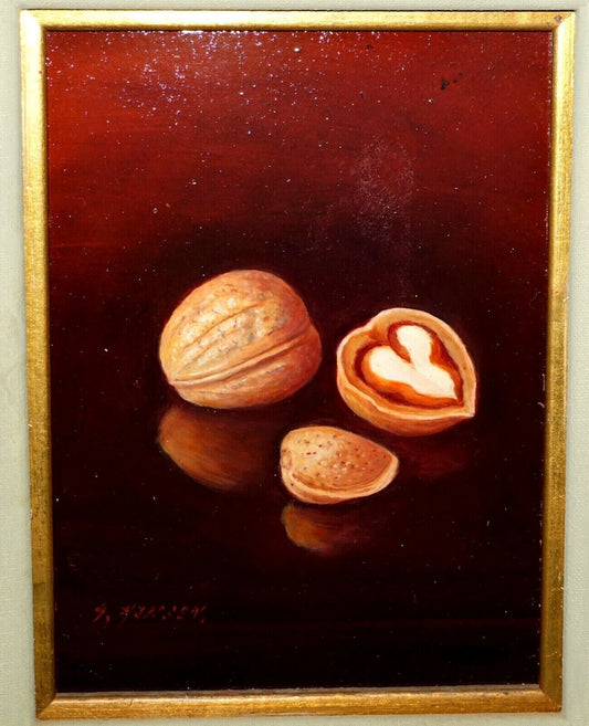 Vintage US Framed Oil Still Life Painting Walnuts by A. Hansen (FeO)