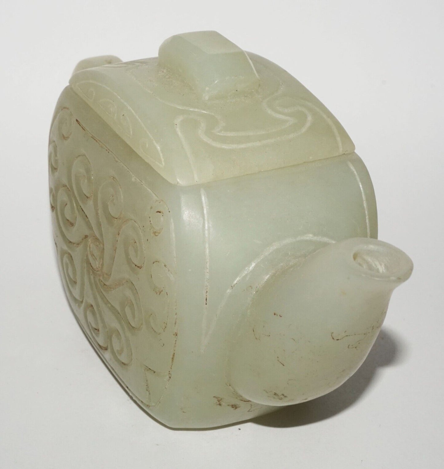 Vintage Chinese Nephrite Jade Carved Tea Pot w Incised Curvilinear Motifs (LeS)