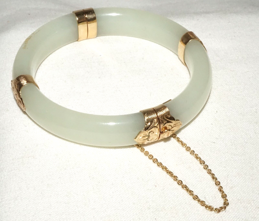 Vtg Chinese 14k Yellow Gold & Pale Green Jadeite Jade Bracelet Ming's (LeS)L25