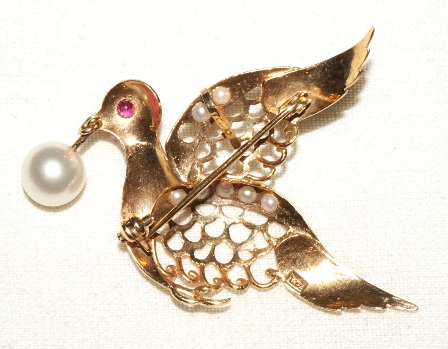 Vintage 14k Yellow Gold Dove Motif Brooch Pendant w. Ruby & Pearl Accents (KiL)