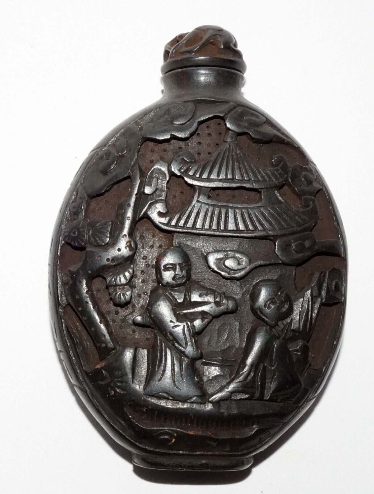 Vintage Chinese Black Lacquer Relief Carved Snuff Bottle Buddhist Motif (LeS) G1