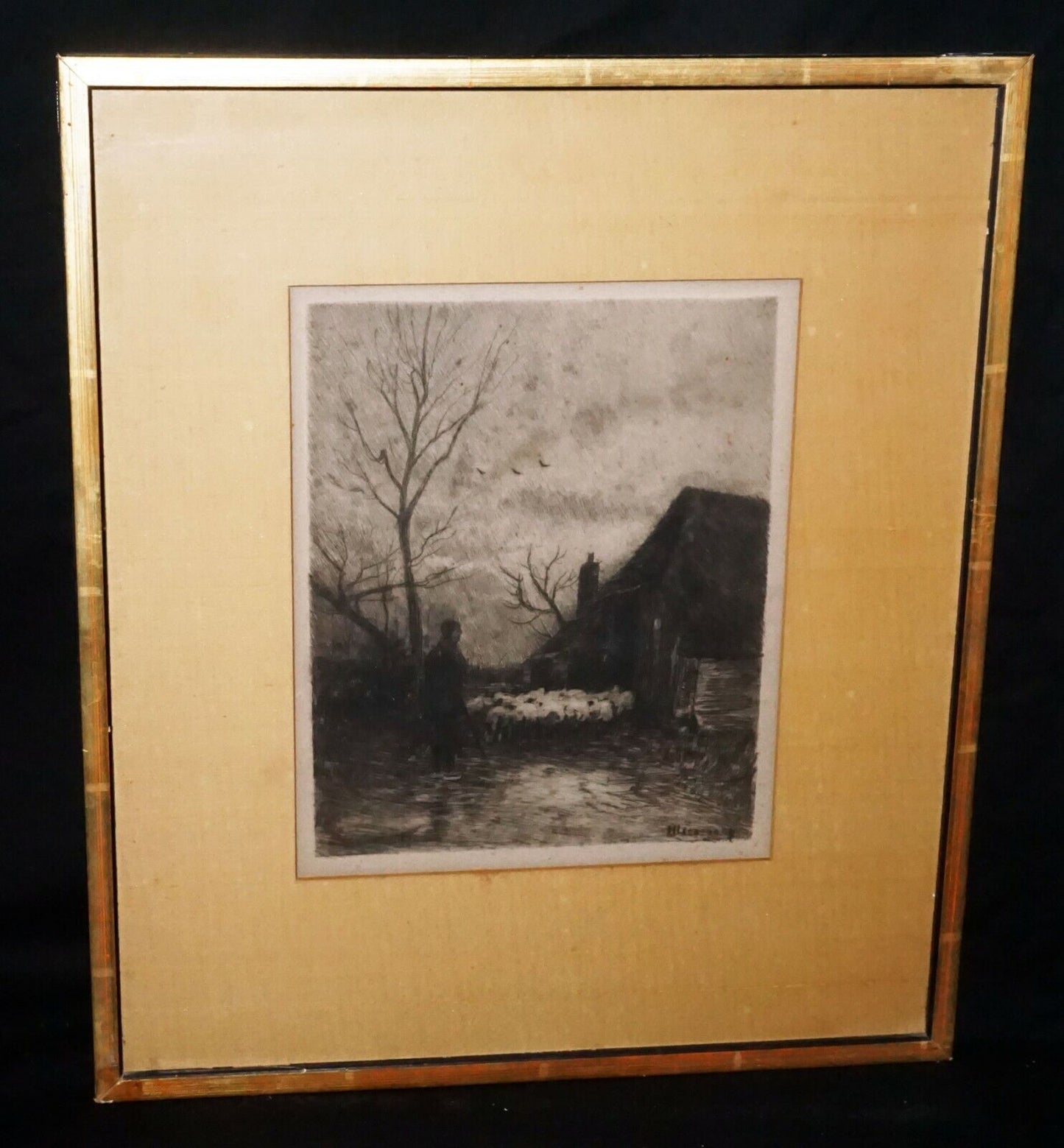 1890s German Etching Print Shepherd before Dawn Helmut Liesegang (1858-1945)(***