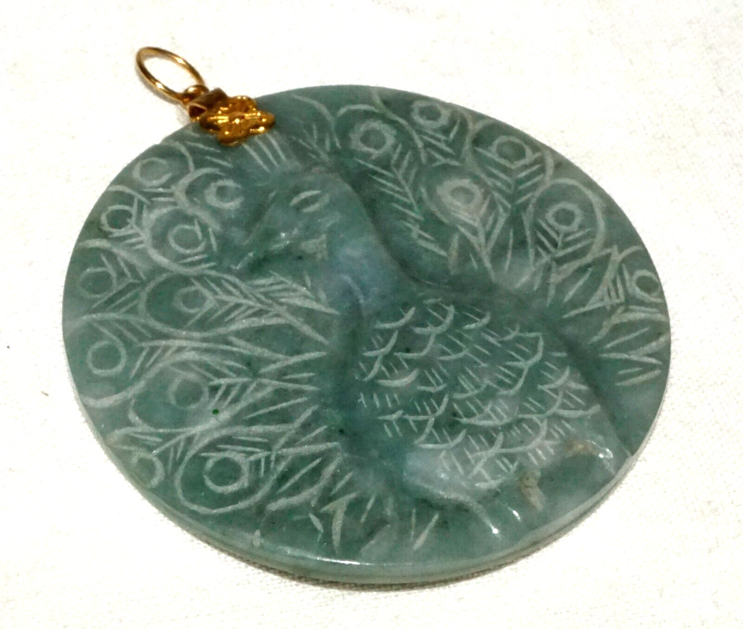 Vintage Chinese Blue Green Jade Disk pendant w. Peacock Motif (InS)#L4