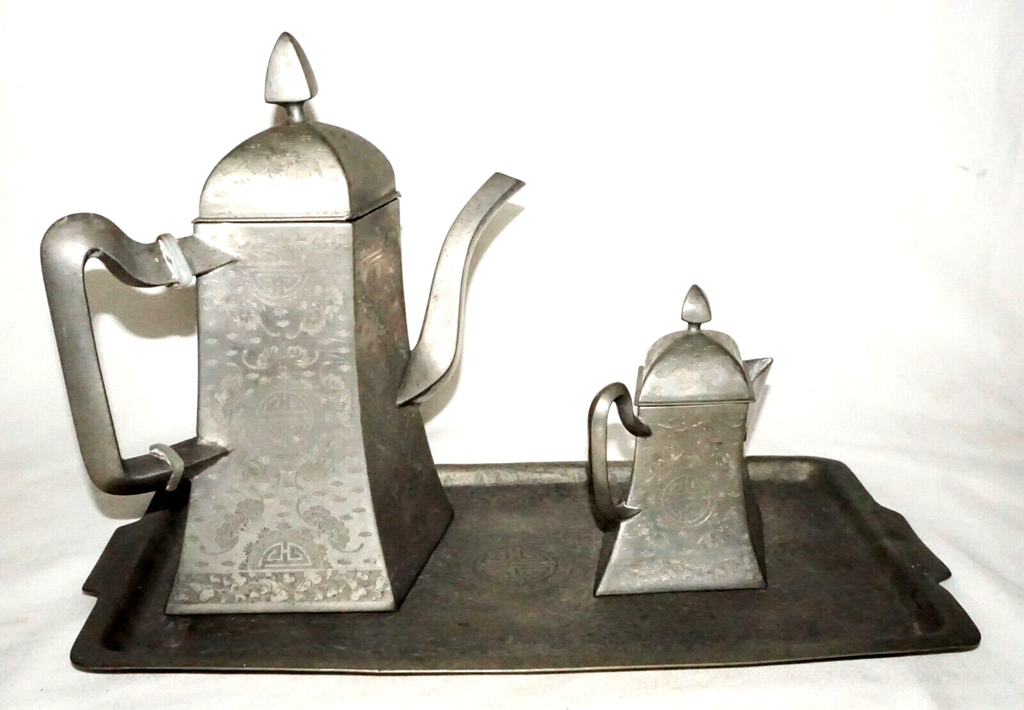 3Pc Vintage Chinese Pewter Pot & Creamer on Tray w. Bat & Happiness Motifs (GoB)