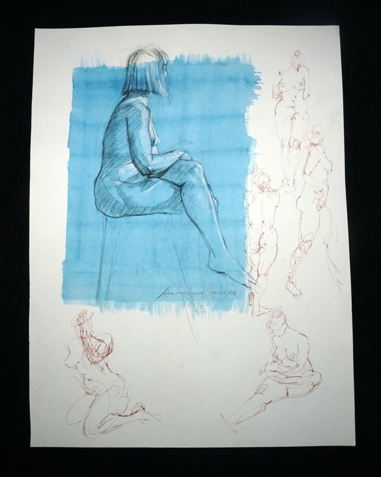 Hawaii Mixed Media Wash Painting Seated Female Nude Snowden Hodges (Sho)#142