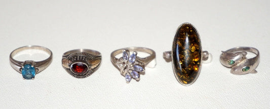 5x Sterling Silver Rings Baltic Amber Blue Topaz Garnet Shell Tourmaline(NoN)R44