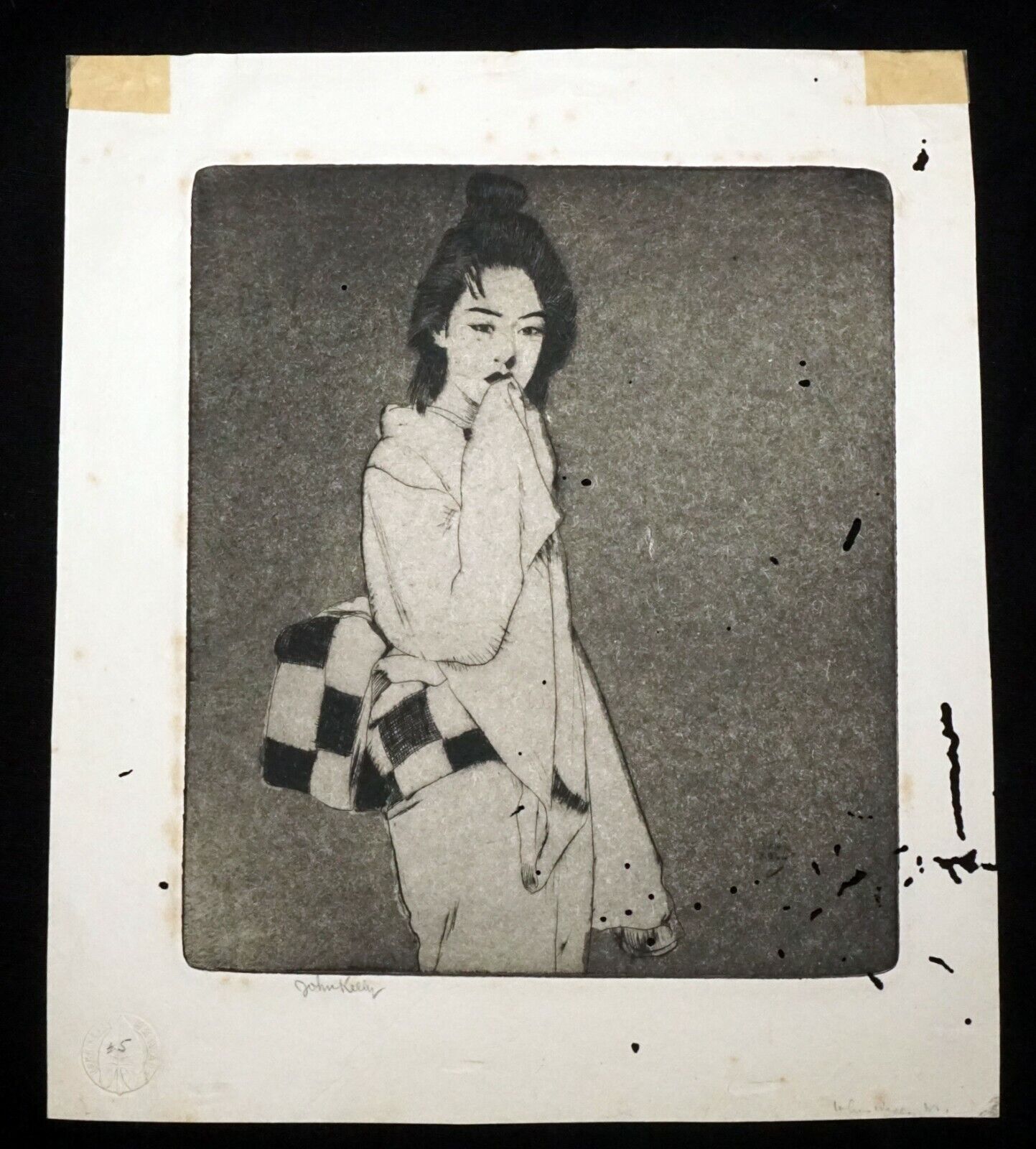 1930s Hawaii Etching Print Japanese Girl by John Melville Kelly (1879-1962)(Kel)