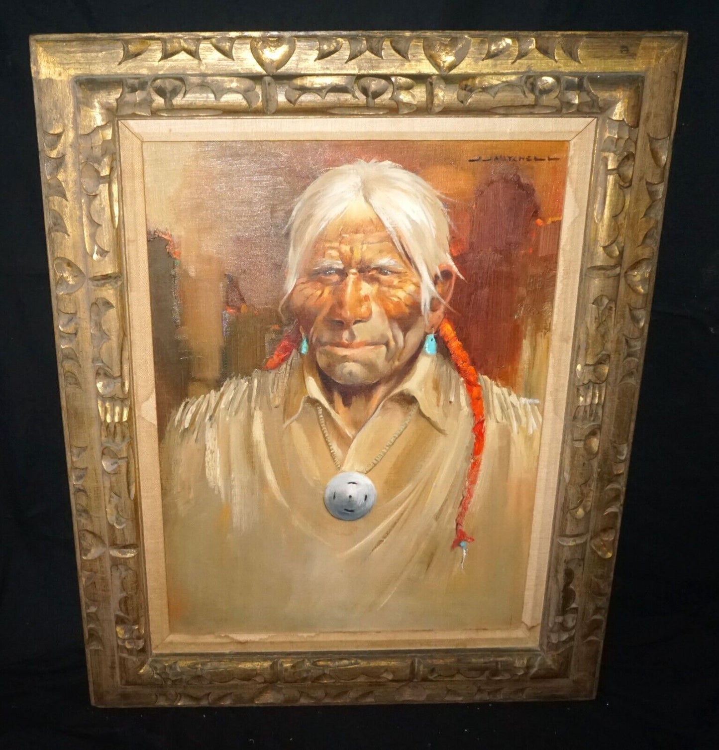 19C American Oil on Canvas- American Indian By J.J. Mitchell (AHB)