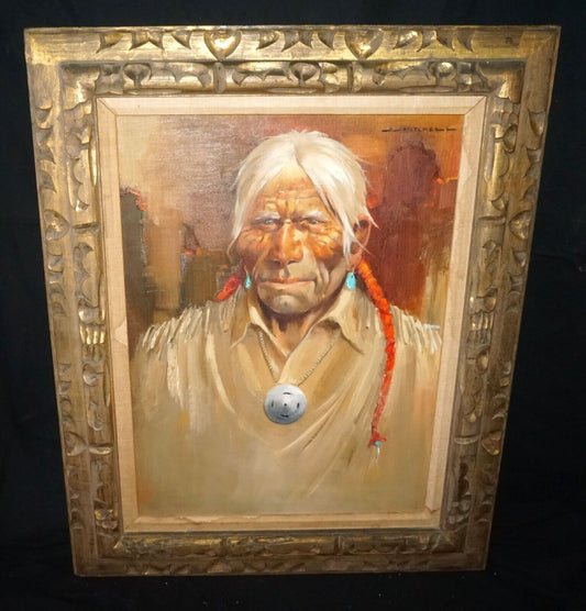 19C American Oil on Canvas- American Indian By J.J. Mitchell (AHB)