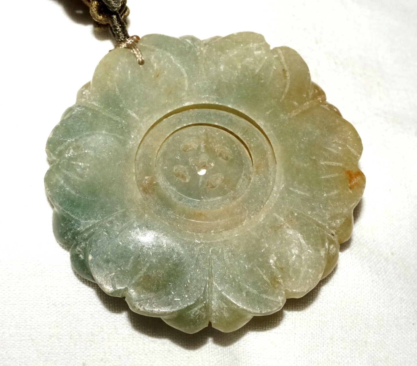 Antique Chinese Jade Carved Flower Pendant w. Double Spinning Center (LeS)L24