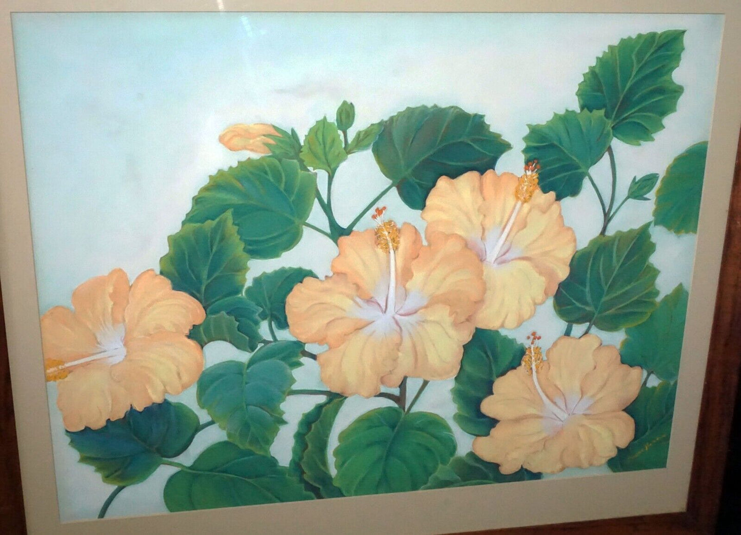 1950s Hawaii Koa Watercolor & Pastel Painting Hibiscus by Maude Horton (New)