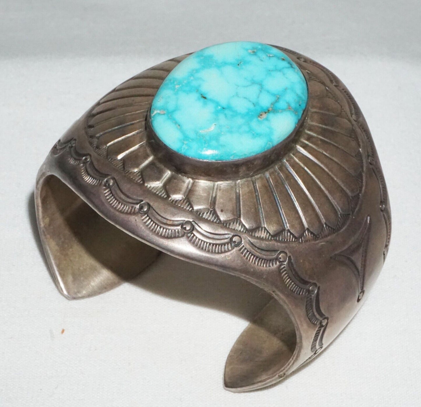 Vintage Navajo Heavy Sterling Silver Bracelet w. Turquoise Harvey Mace (GeB)#17