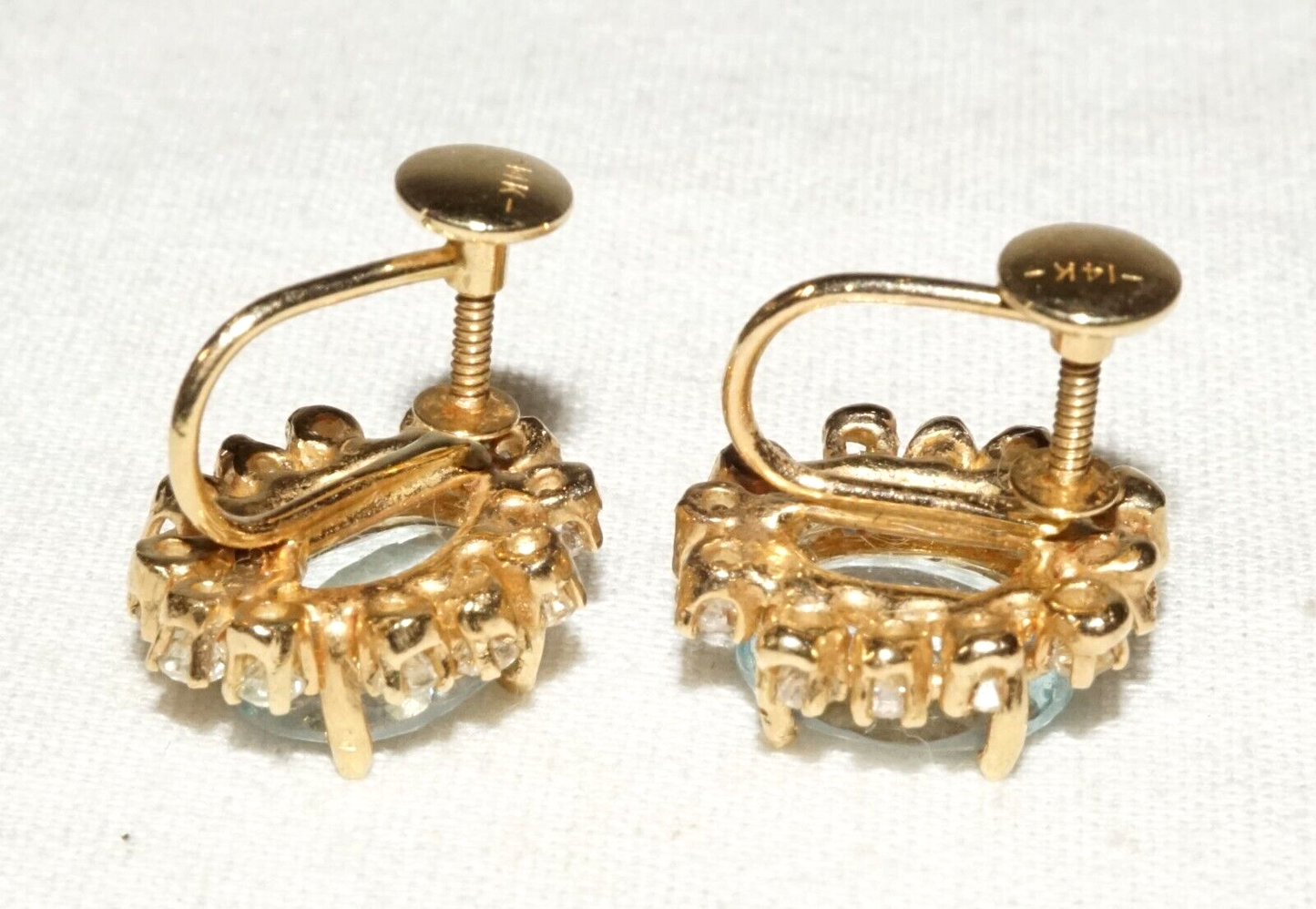 Vintage US 14k Yellow Earrings w. 2x Blue Topaz & 12x Cubic Zirconia (GoB)#13b