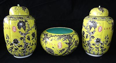 3PC Chinese Grisaille Decorated Yellow Ground Dayazhai Jars & Bowl (Geo) IC