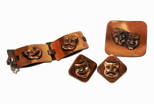 4Pc 50s US Genuine Copper Tragedy Mask Motif Bracelet, Ear Clips & Brooch (Hod)
