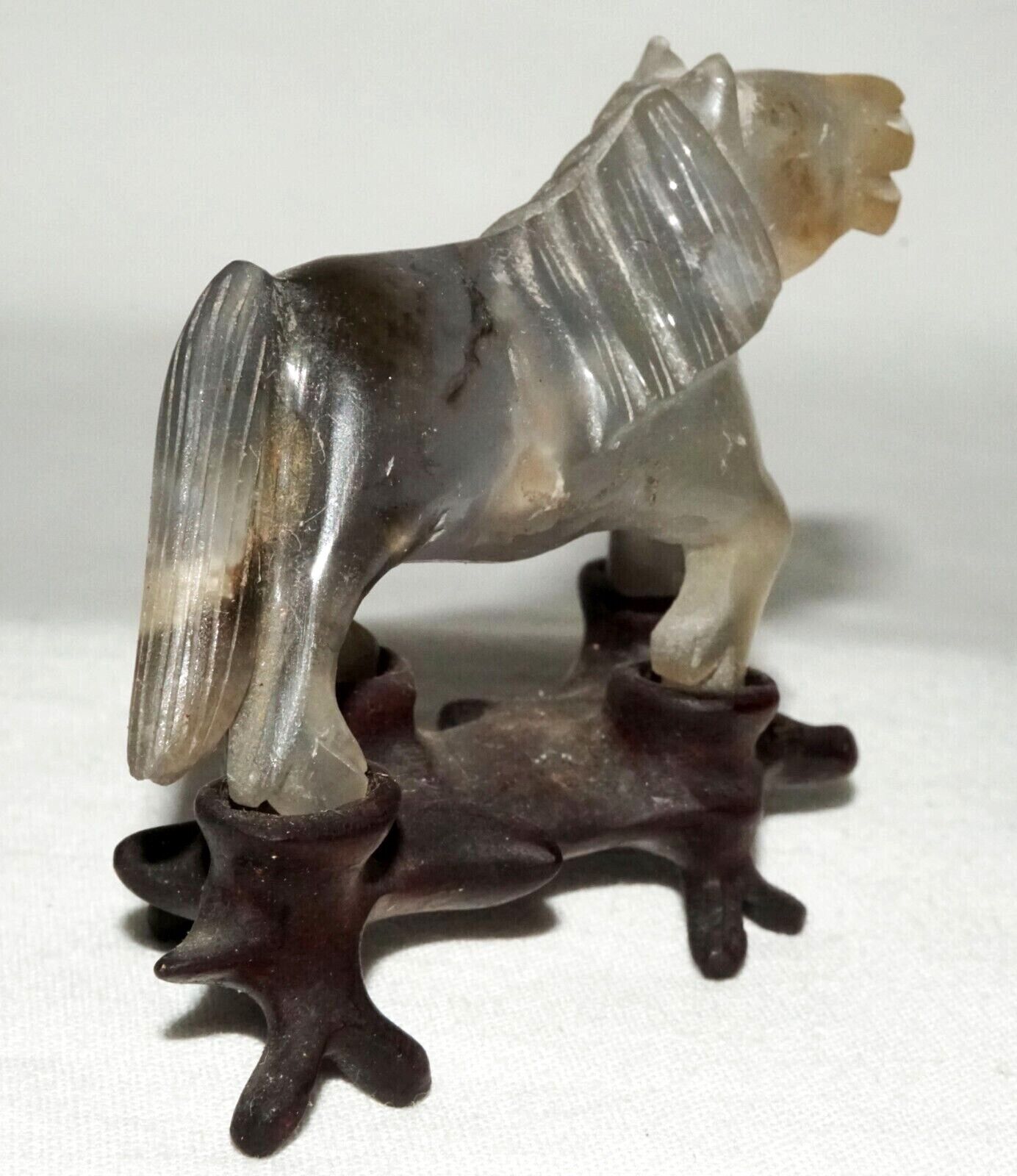 Vintage Chinese Gray & Purple Fluorite Carving Frolicking Horse on Stand (FeH)