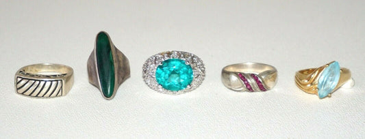 5x Sterling Silver Rings Malachite Rubies, Blue Topaz & Synthetic Stone (NoN)R42