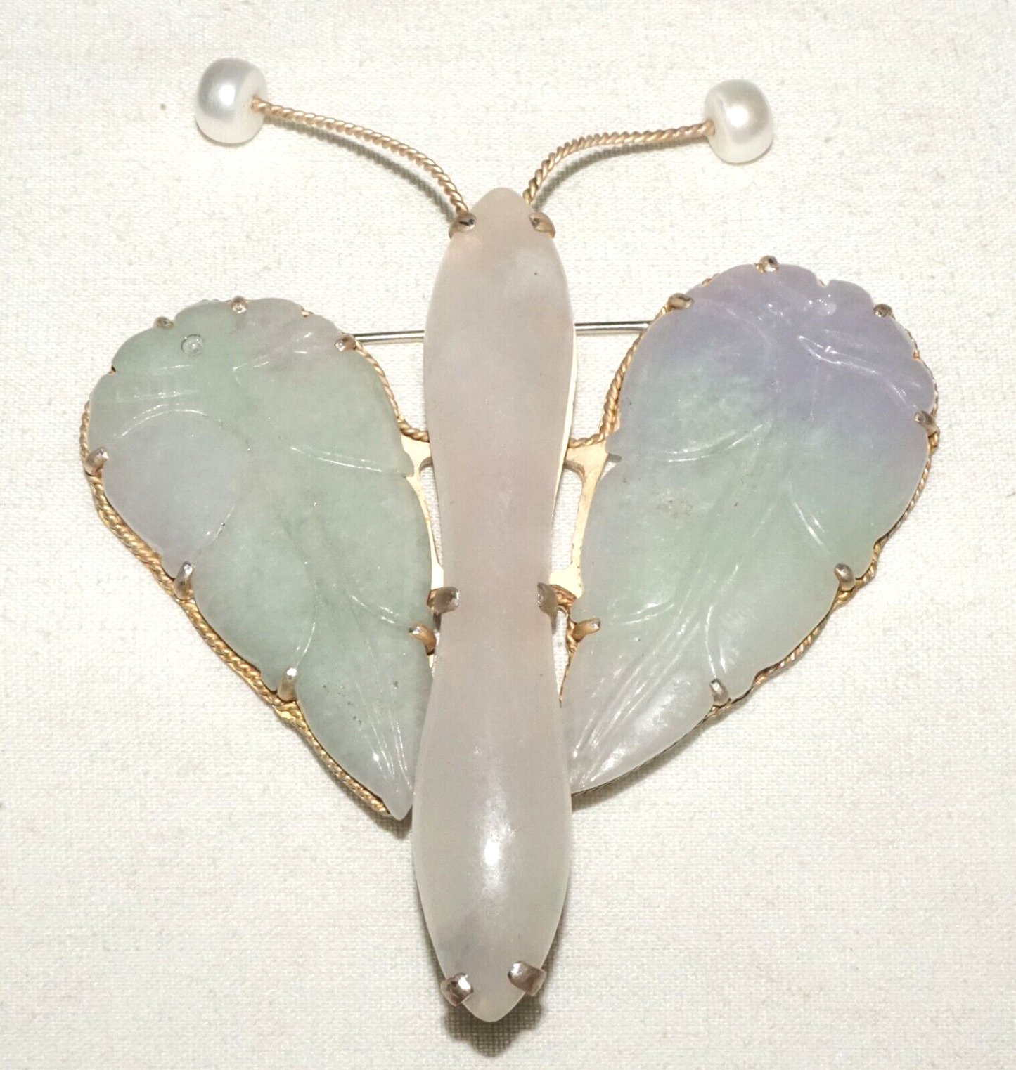 Vintage Chinese Large Butterfly Brooch Pendant w. 3x Lavender Jade Accents (LeP)