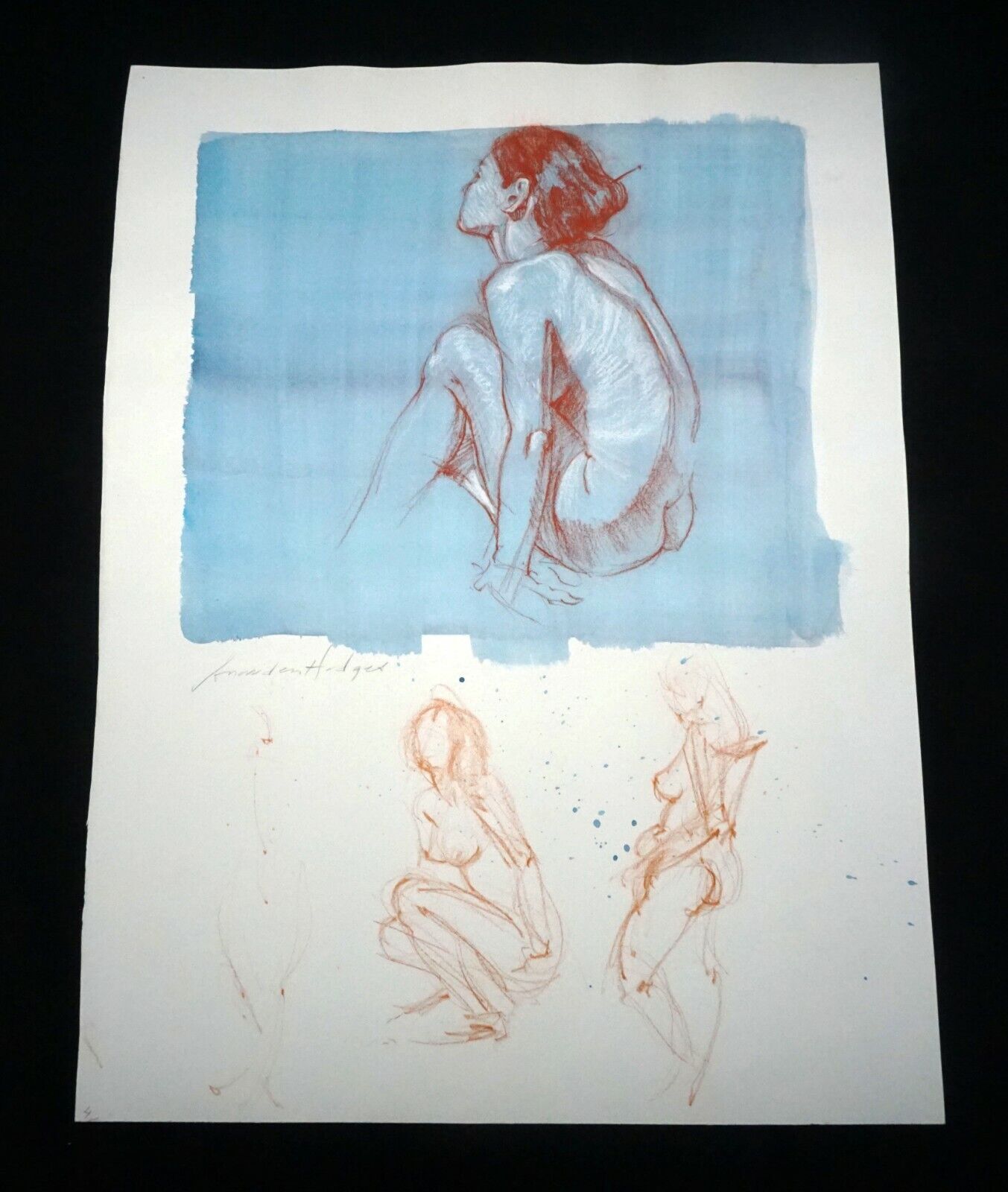 Hawaii Mixed Media Wash Painting Seated Female Nude Snowden Hodges (Sho)#118