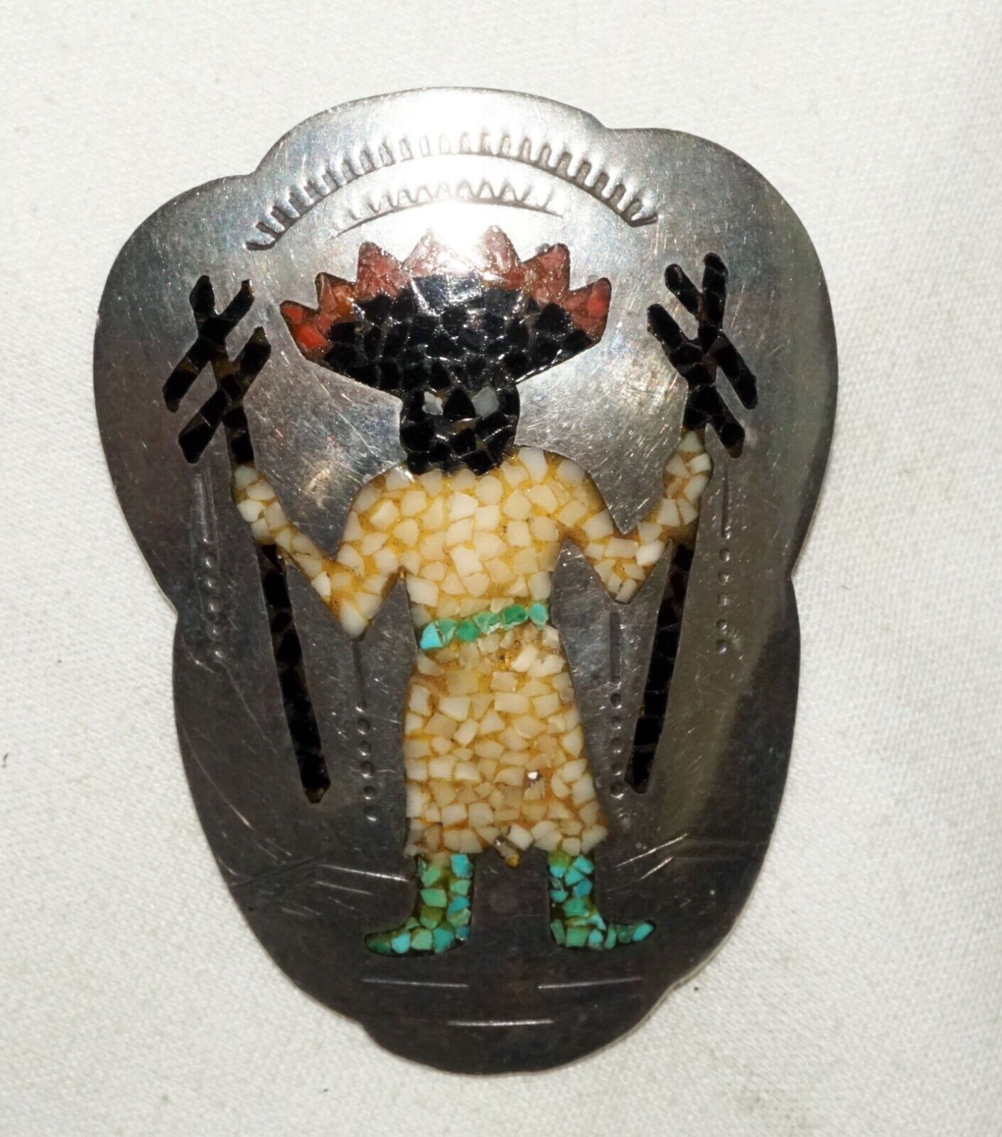 Vtg. Navajo Silver Pendant w. Elaborate Stone Inlay Figure Charlie John (BeM)#11