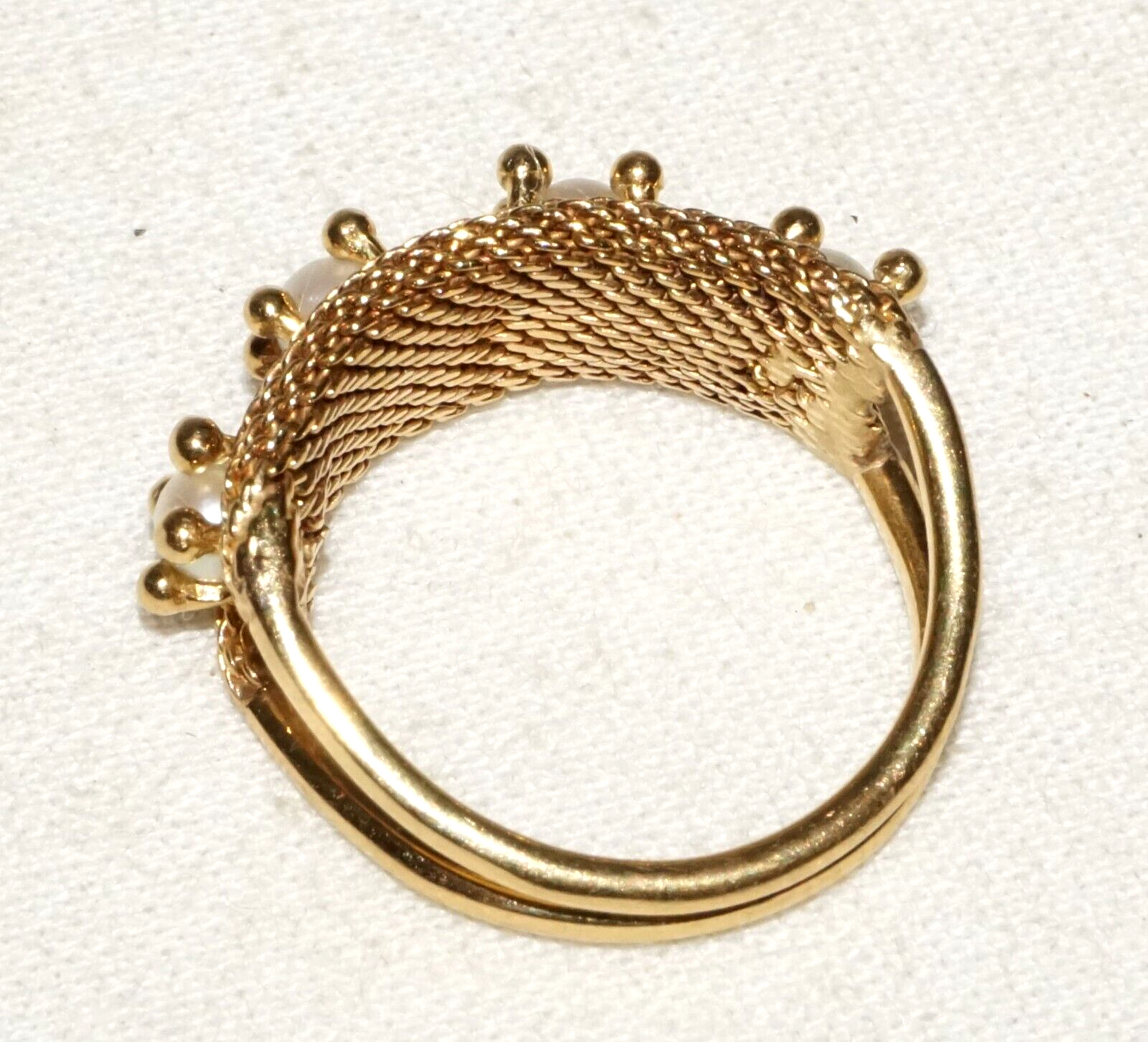 Vintage Yellow Gold Ring Sz.5 w. Woven Accent set w. 4x Pearls (BeM)#3