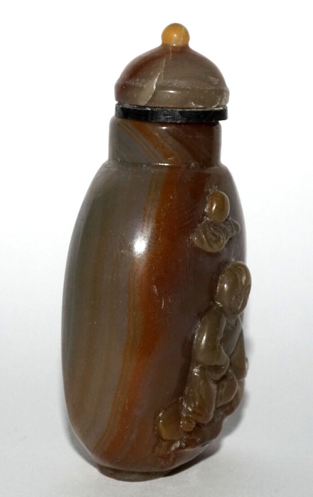 Vintage Chinese Agate Carved Snuff Bottle w Boy in Garden Relief Motif (LeS) G12