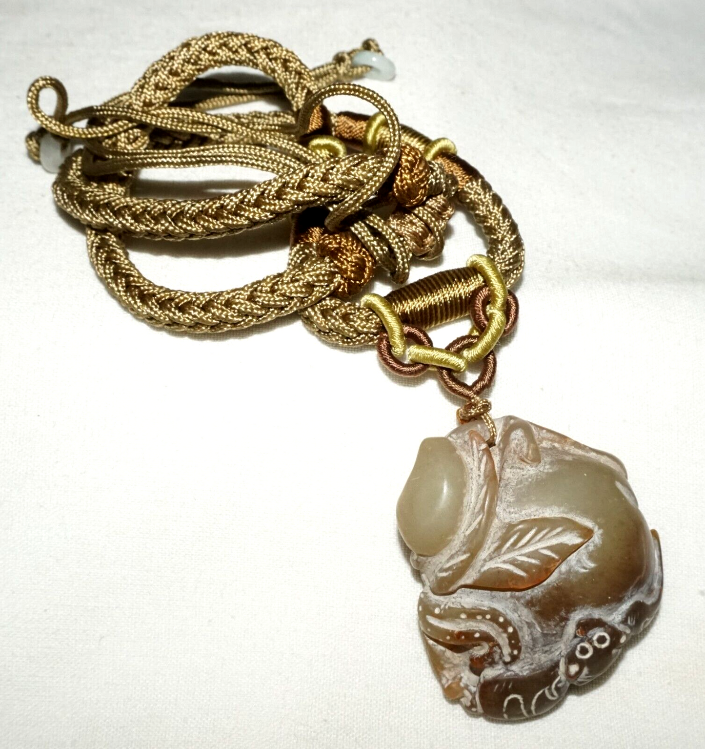 Vintage Chinese Soapstone Carving w Bat on Peach Motif & Cord Necklace (LeS)L20