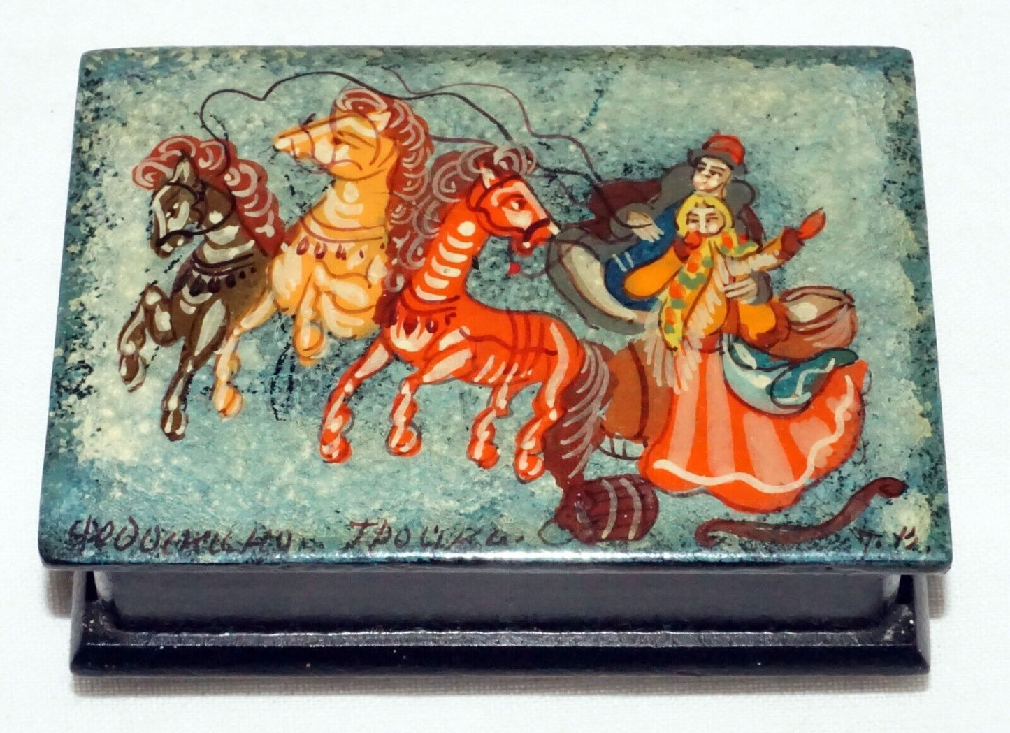 Vintage Russian Lacquer Box Two Figures & Three Horses signed (AHB)