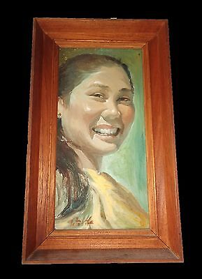 1950s Oriental Framed Oil on Canvas Board Portrait Young Girl by Jim Stila (Lol)