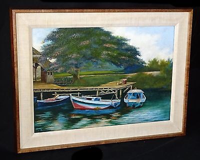 1930s Hawaii Koa Framed Oil Painting Boats on a Dock by Lloyd Sexton (Geo)