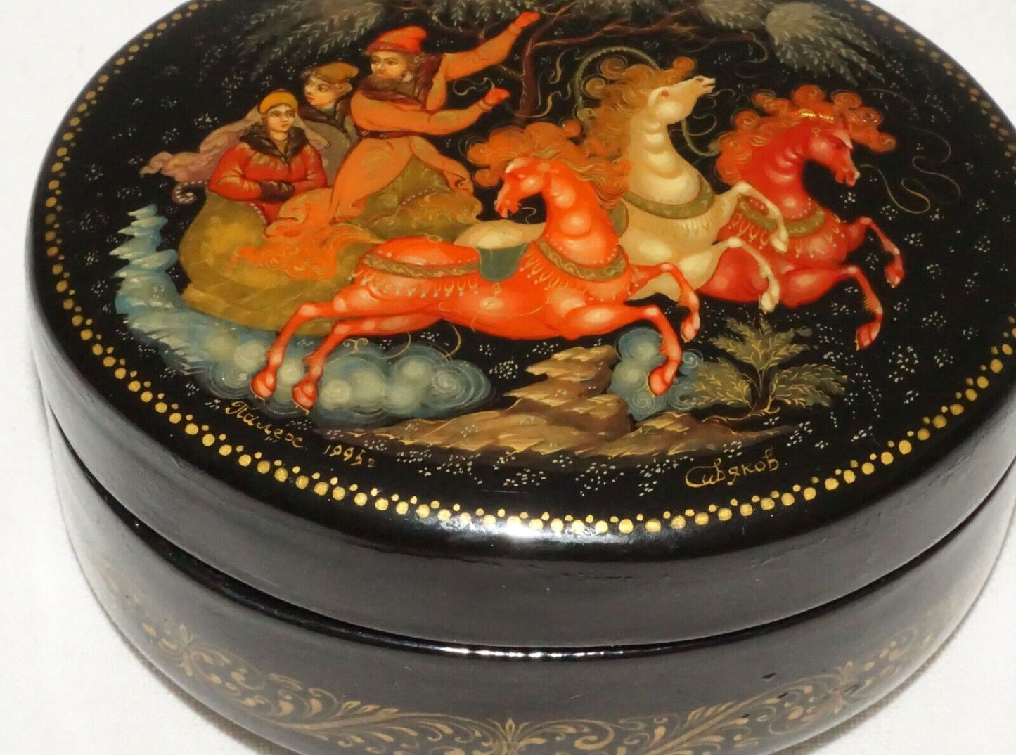 Vintage Russian Lacquer Box Three Figures in a Horse Drawn Sleigh signed (AHB)