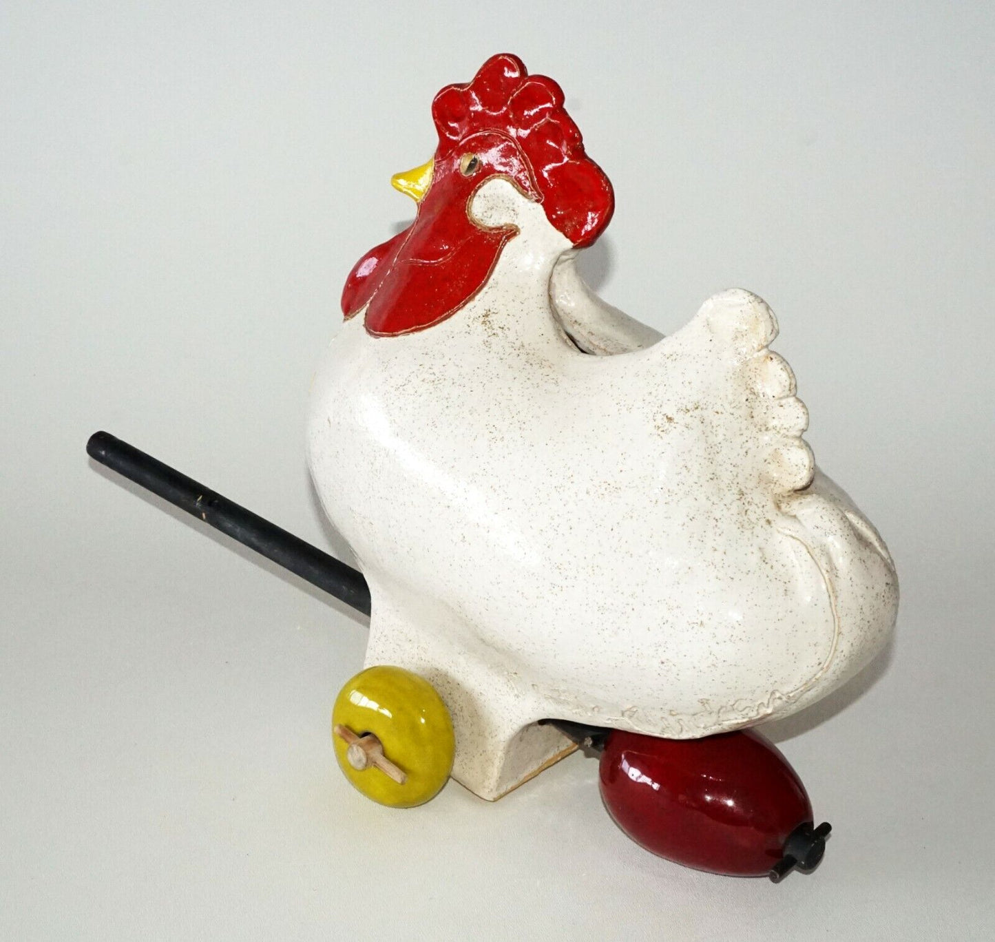 1980s US Pottery "Big Big Chicken" Egg Piggy Bank on Wheels sign AKM (TaE) IC