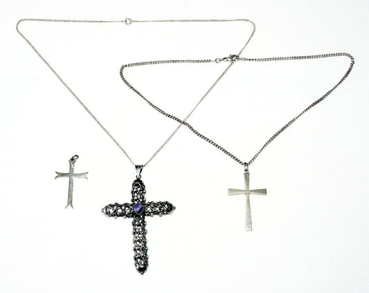 5Pc Vintage Silver & Sterling Silver Cross Pendant & Necklace Mixed Lot (TaE)#50