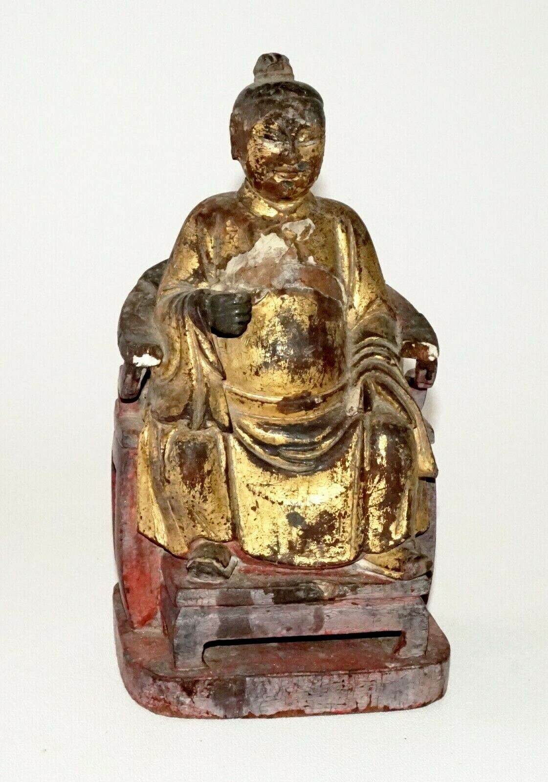 17/18C Chinese Gilt Wooden Folk Carving Seated Deity (MeE)