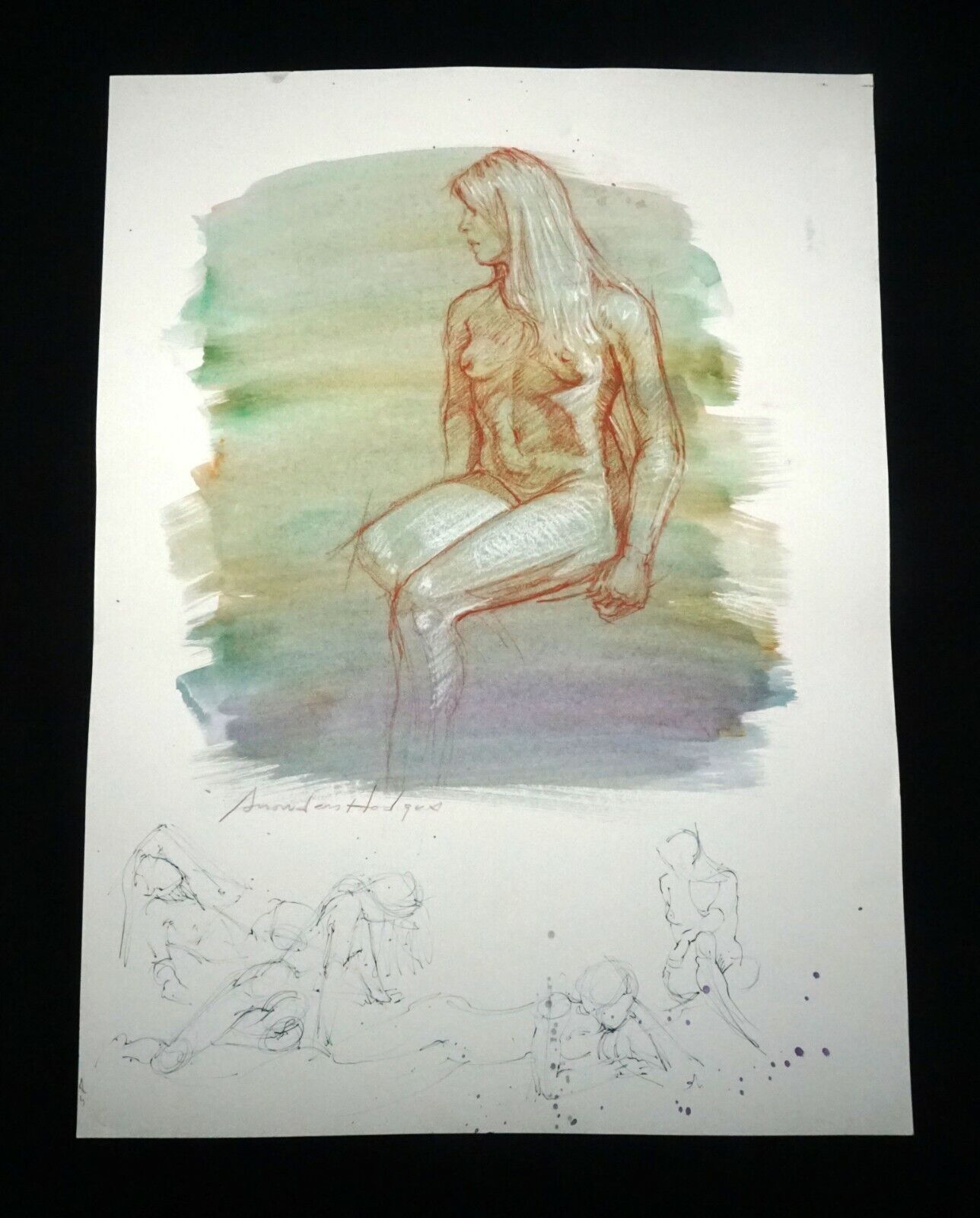 Hawaii Mixed Media Wash Painting Seated Female Nude by Snowden Hodges(Sho)#101