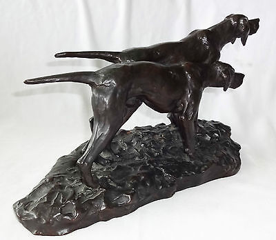 1930s JAPANESE BRONZE SCULPTURE "PAIR of HUNTING DOGS" sign HIDEAKI (Ree)