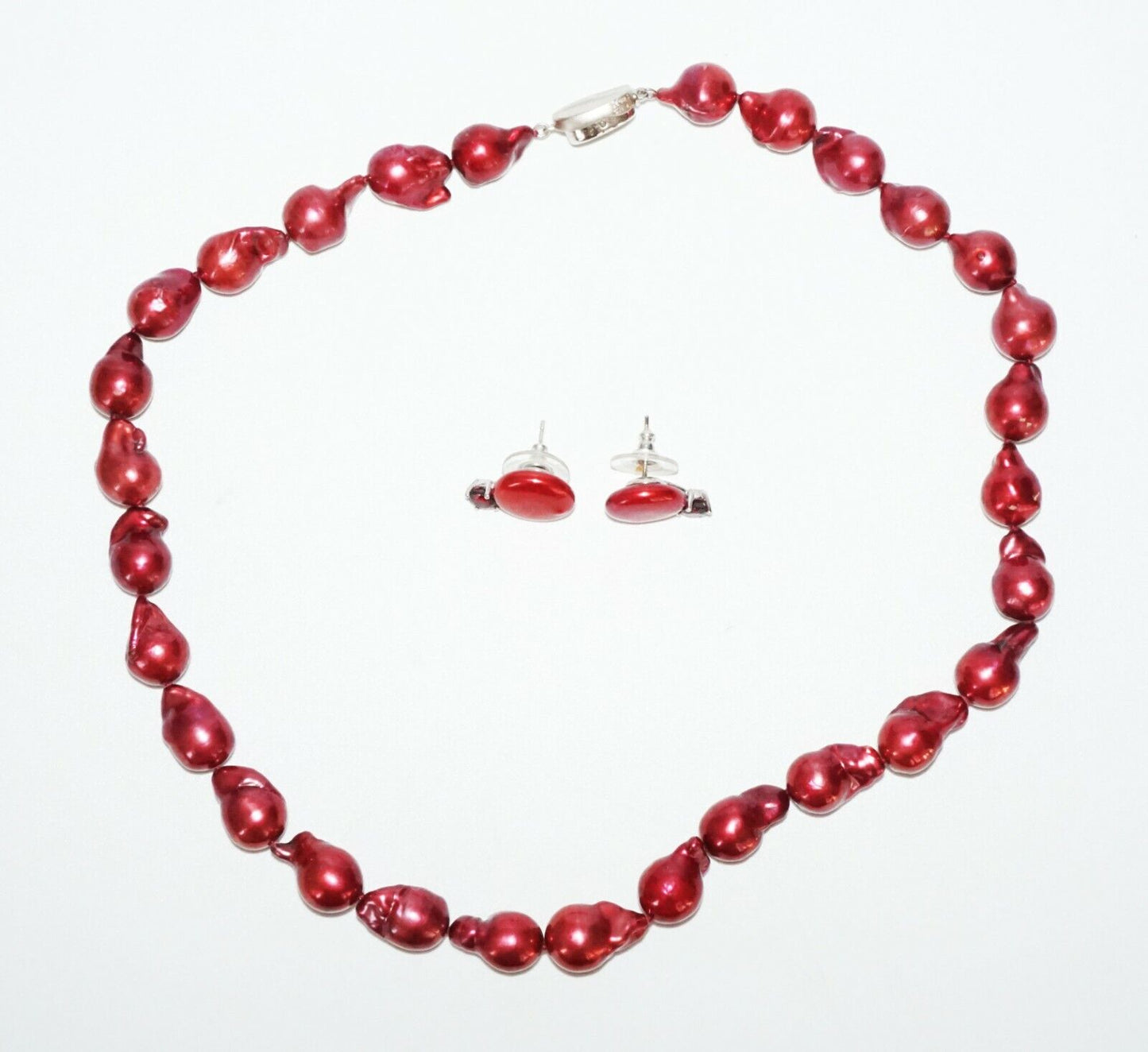 3Pc Chinese Sterling Silver Red Baroque Pearl Necklace & Earrings (SaR)#443