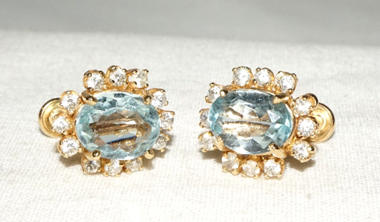 Vintage US 14k Yellow Earrings w. 2x Blue Topaz & 12x Cubic Zirconia (GoB)#13b