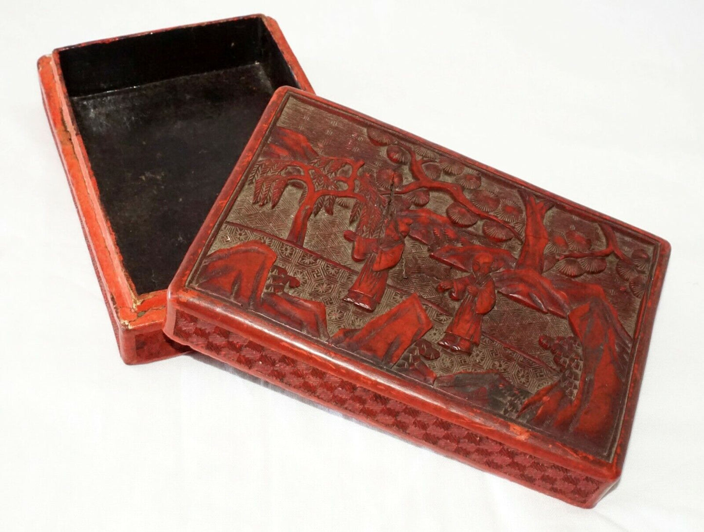 Antique Chinese Real Cinnabar Covered Box w. Scholars in a Garden Motif (DaC)