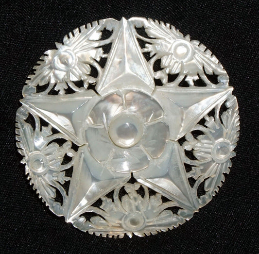 Vintage Mother of Pearl Carved Pierced Star Design Flower Motif Brooch (JoD)