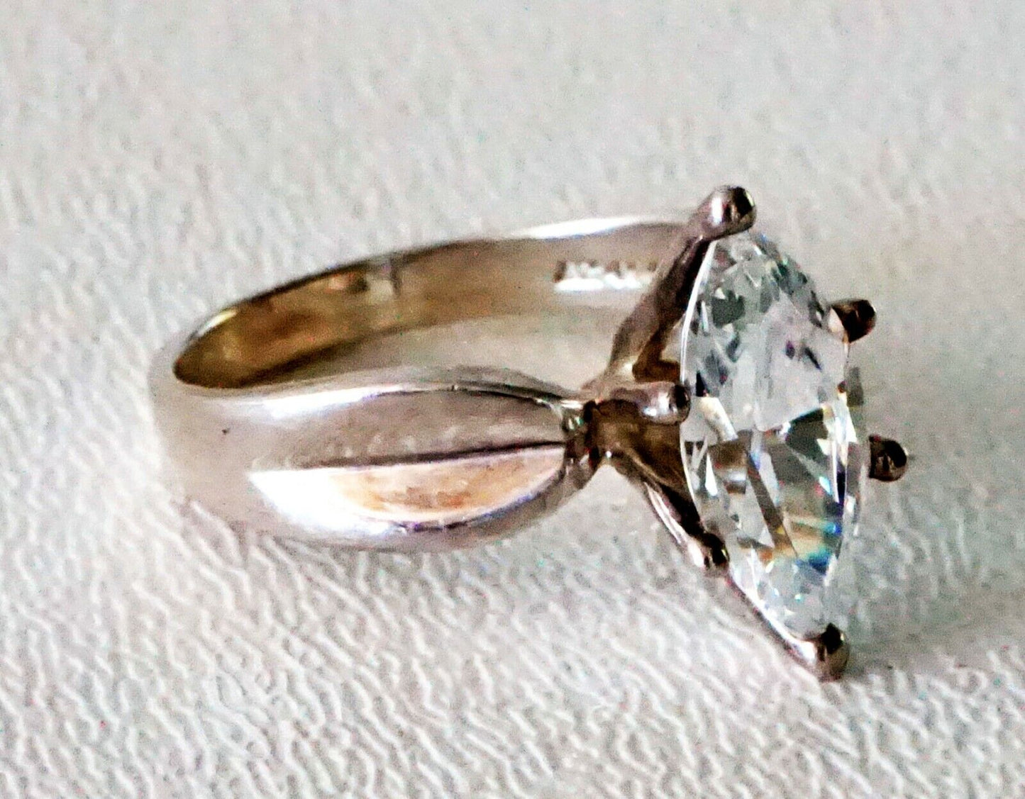 Vintage Sterling Silver Ring Sz.8 w. Giant Marquise Cut Cubic Zirconia (SaR) #27