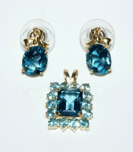 3Pc 14k Yellow Gold Pendant & Earring Set w. 17x Blue Topaz Accents (SaR)#298
