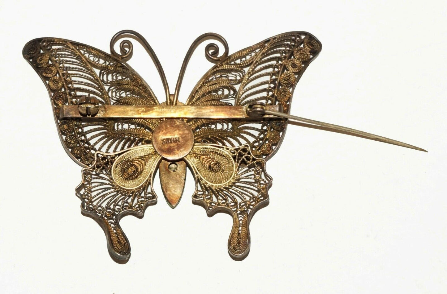 Vintage Chinese Gilt Silver Filigree & Enamel Large Butterfly Brooch (BrM)#15