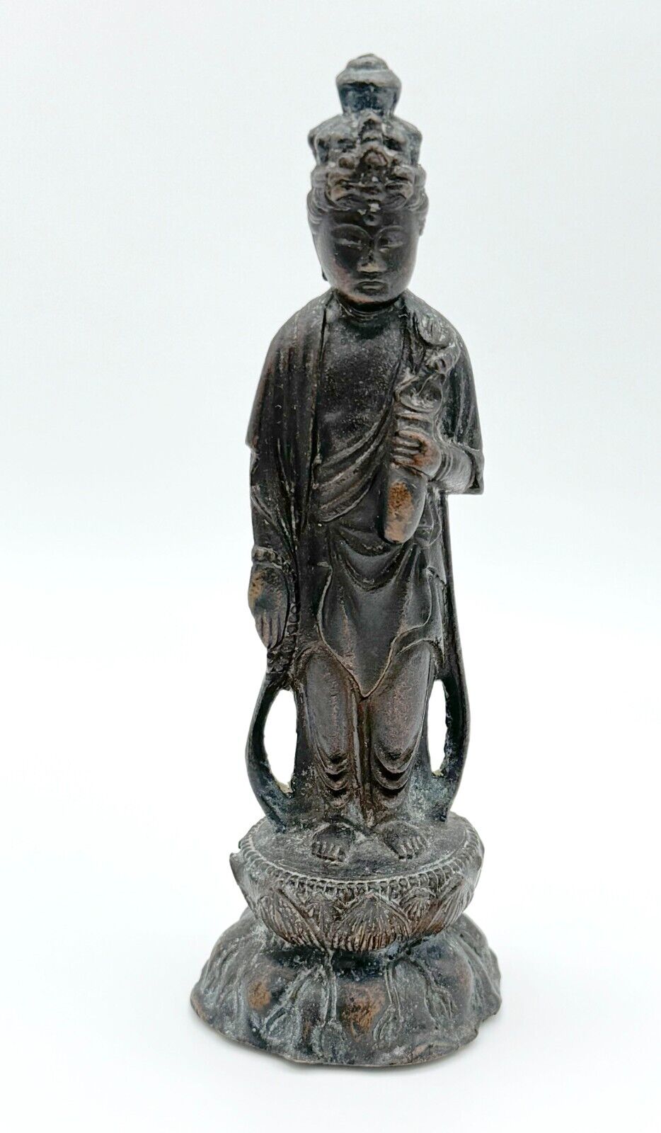 Vintage Bronze Japanese Meiji Era Buddha Kannon Charity Mudra w Vase (MiM)