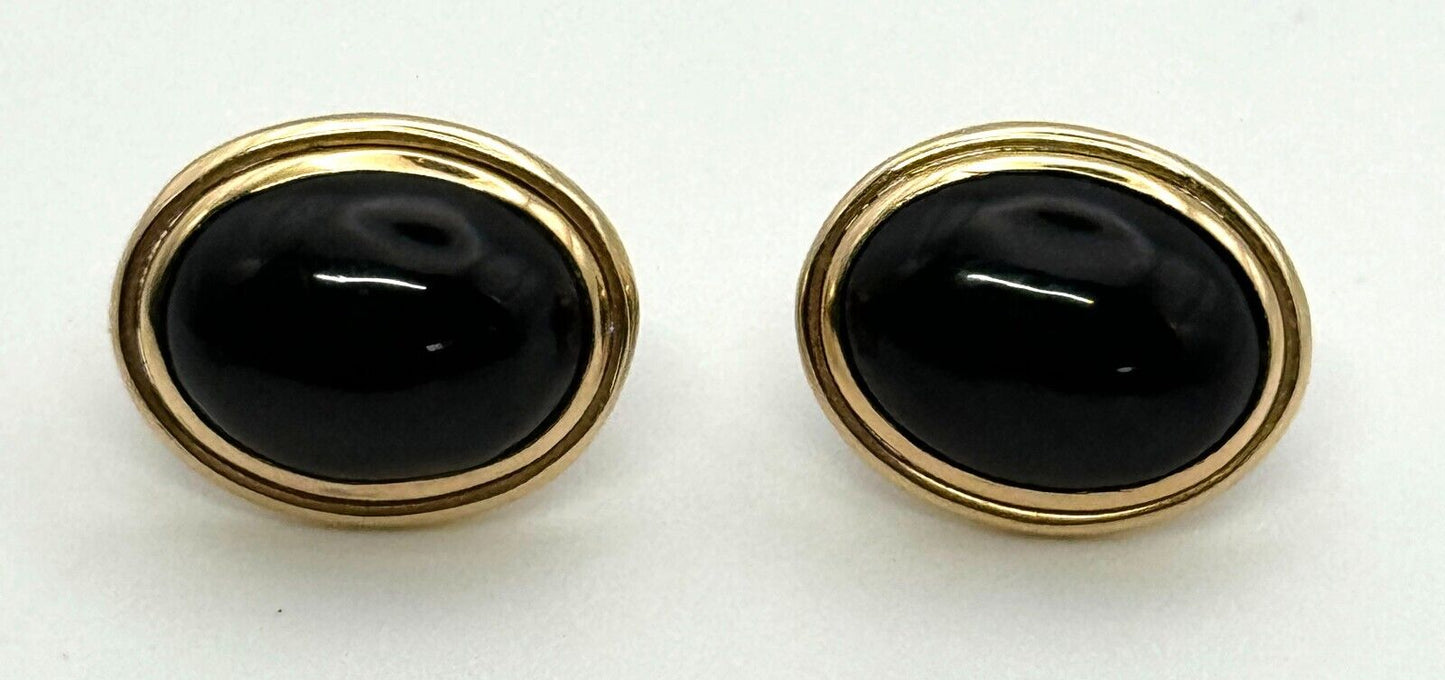 Vintage 14k Yellow Gold Onyx Oval Button Earrings (KnK)