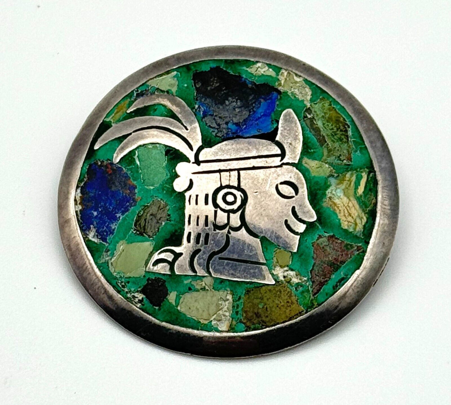 Vintage Mexican Sterling Silver Aztec Azurite Inlay Pin / Pendant (HoJ)